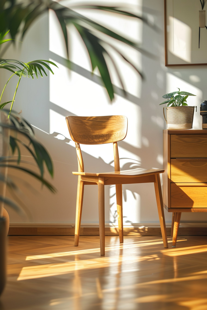 A modern wooden chair and table in a sunny room with plant shadows on the wall and floor.