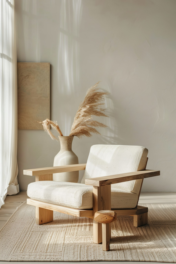 A modern wooden chair with a cream cushion in a sunlit room with a white vase and pampas grass, beside a canvas on the wall.