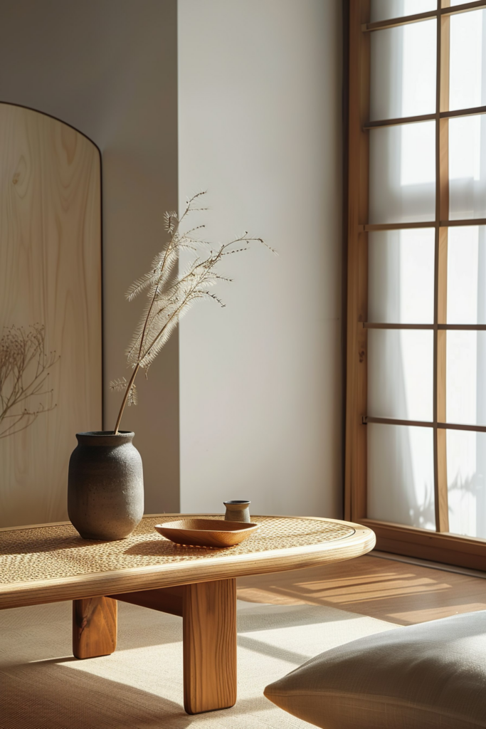 Warmly lit interior with a low wooden table, ceramic vase with dried branches, teacup, and cushion on tatami flooring by a window.