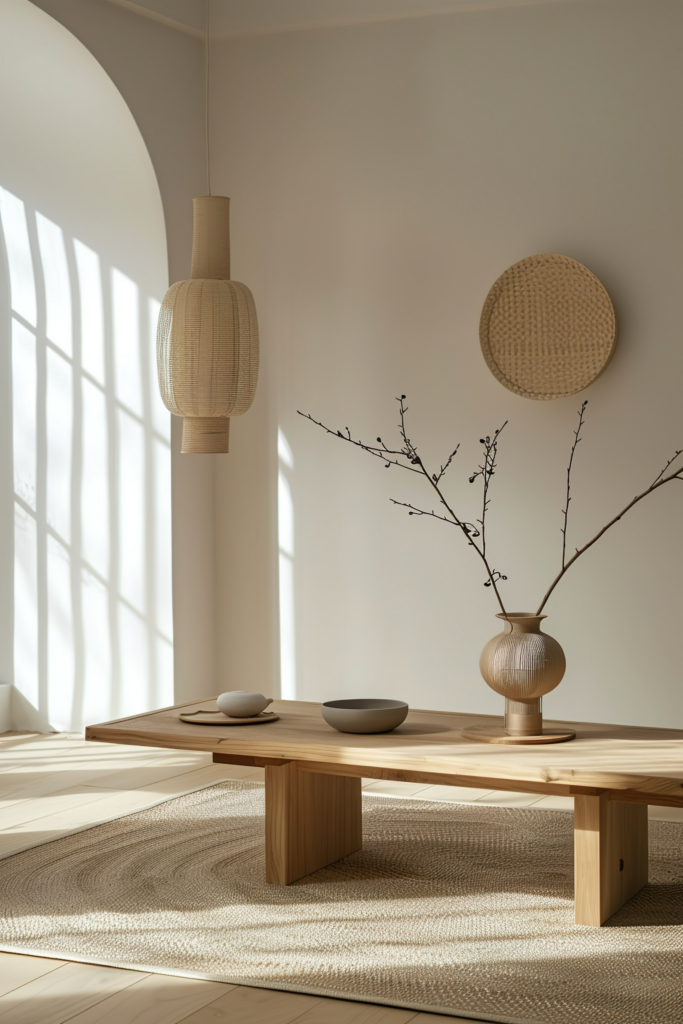 A serene minimalist room with a wooden table, textured rug, rattan pendant lamp, vase with branches, and woven wall decor.