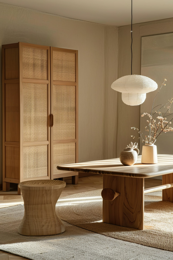 Warmly lit interior with a wooden table, cabinet, stool, textured rug, and a pendant lamp, creating a cozy, minimalist ambiance.