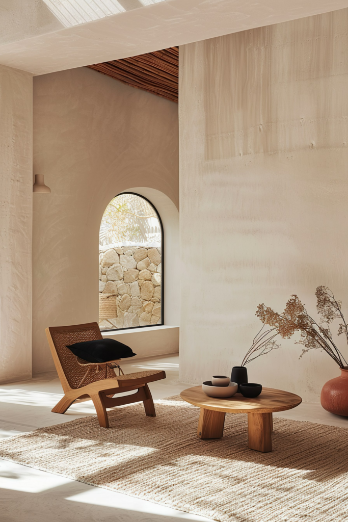 Sunlit minimalist interior with a wooden chair, round table, decorative vase, and a view of a stone wall through an arched window.