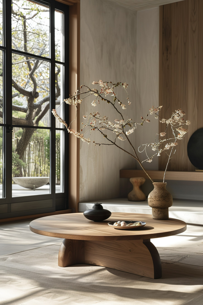 ALT text: A serene living space with a wooden coffee table, a vase with blooming branches, and decor items, near a window overlooking trees.