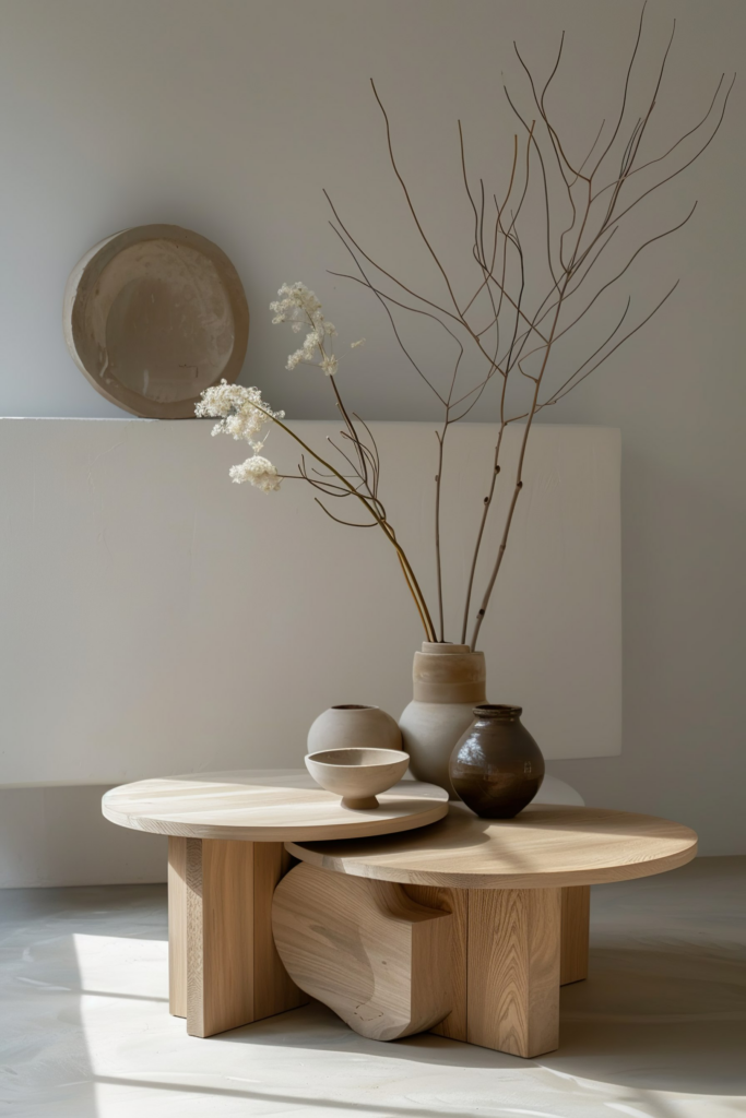 A minimalist interior with a round wooden table displaying ceramic vases and dried branches, set against a soft-lit background.