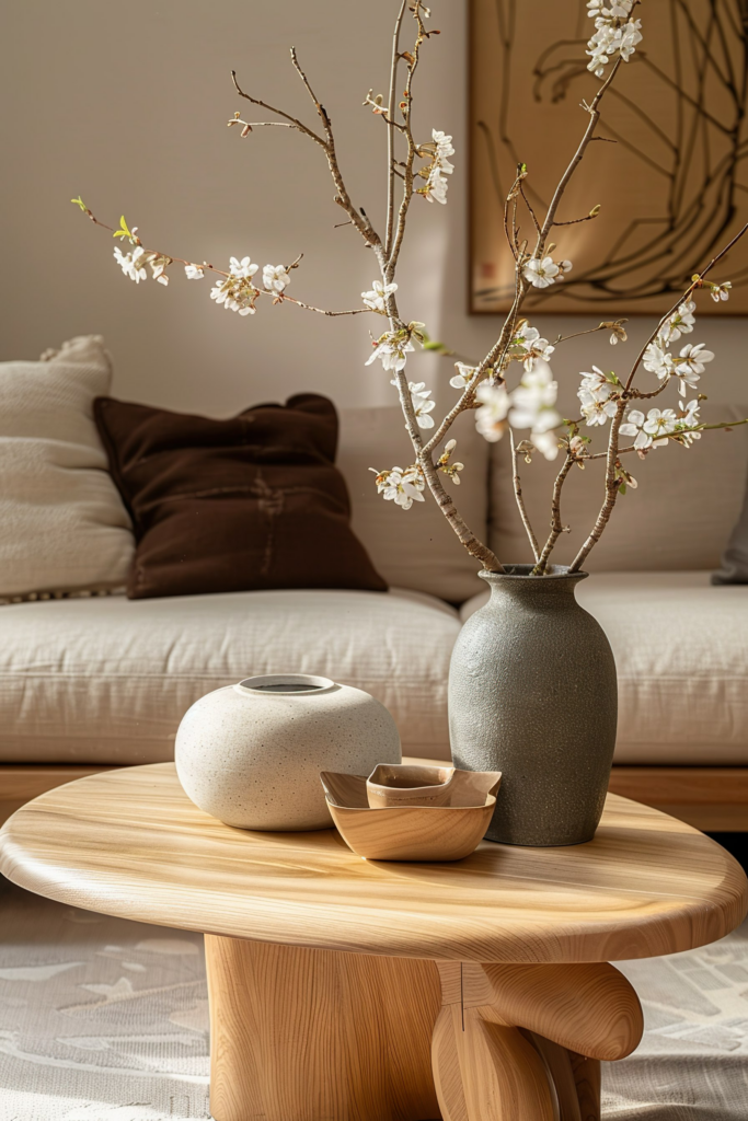 A serene living room corner with a vase of blooming branches on a wooden table, accompanied by two decorative bowls.