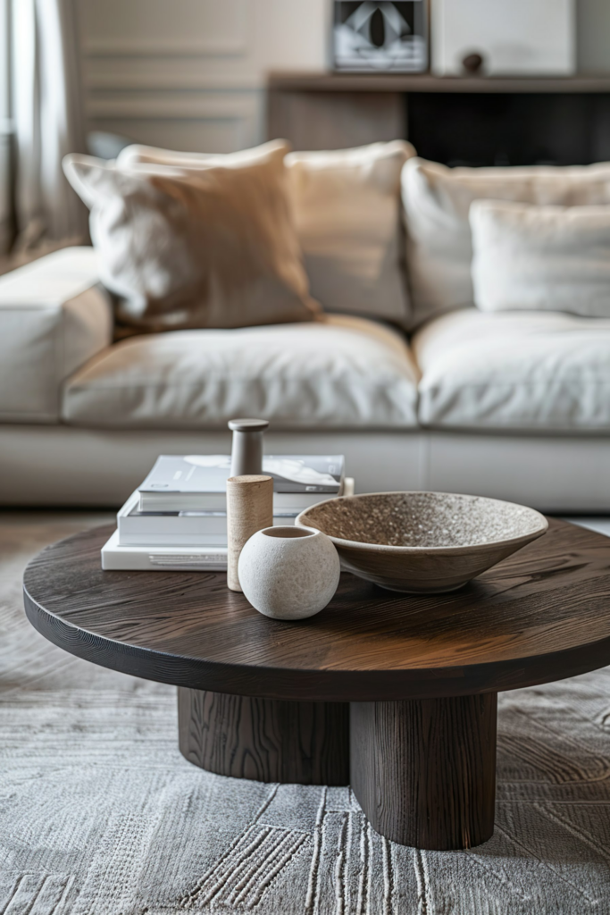 A cozy living room scene with a textured dark wood coffee table holding decorative vases and books, a beige sofa with pillows in the background.