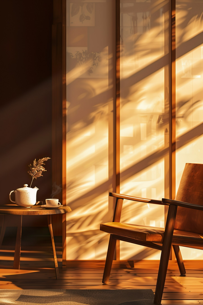 ALT: A cozy corner with a wooden chair and side table, steaming teapot and cup, bathed in the warm glow of sunlight through blinds.