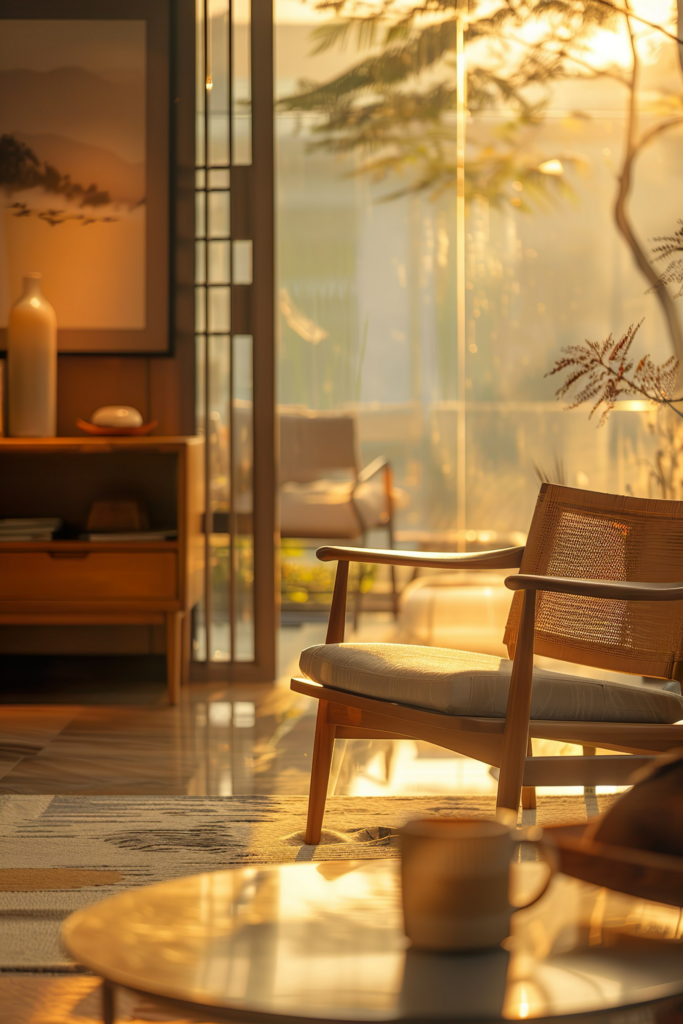 Warm sunlight filters through a modern living room with stylish wooden furniture and a tranquil vibe.