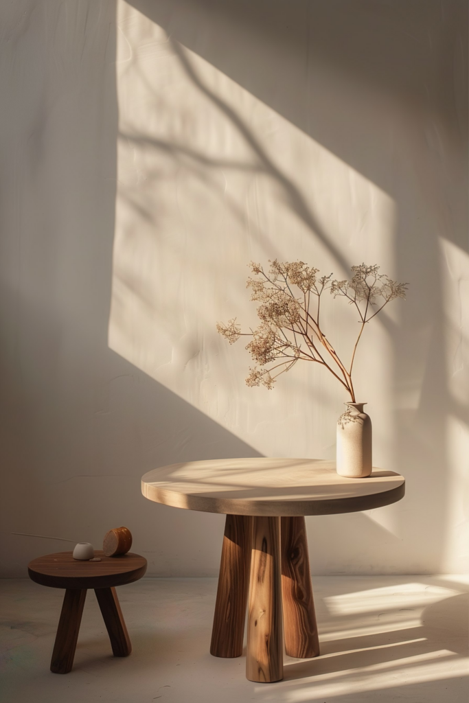 ALT: A serene room with soft light casting shadows on a wall, featuring a round wooden table with a vase of dried flowers and a small stool.