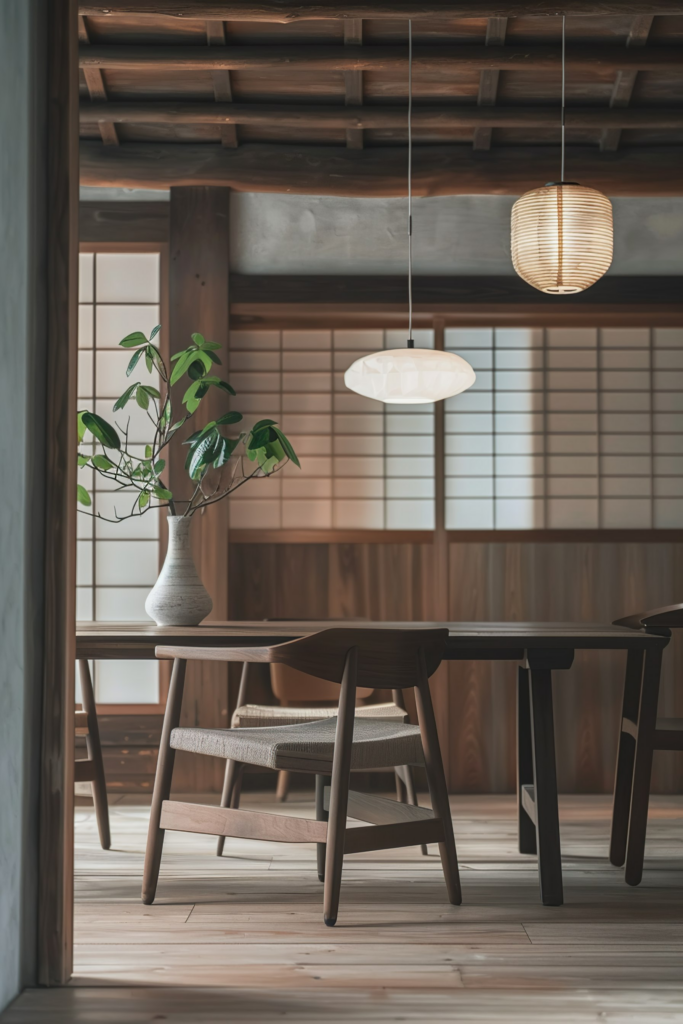 Interior of a peaceful Japanese-style dining room with hanging lights, wooden furniture, and a vase with greenery.