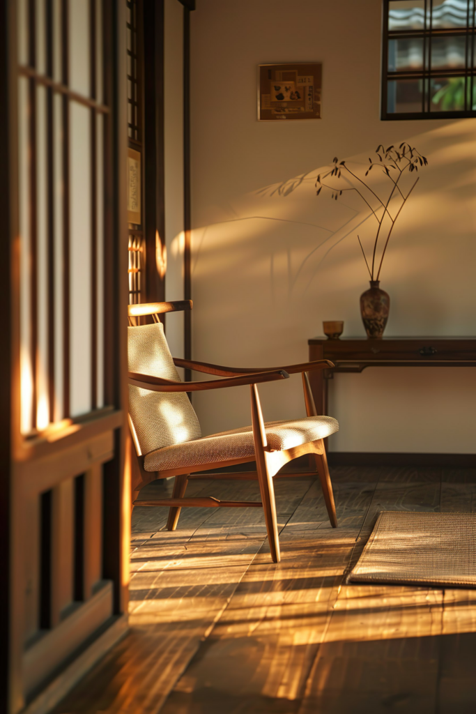 Warm sunlight casts shadows across a serene room with a wooden chair, woven mat, and a vase with dried plants.
