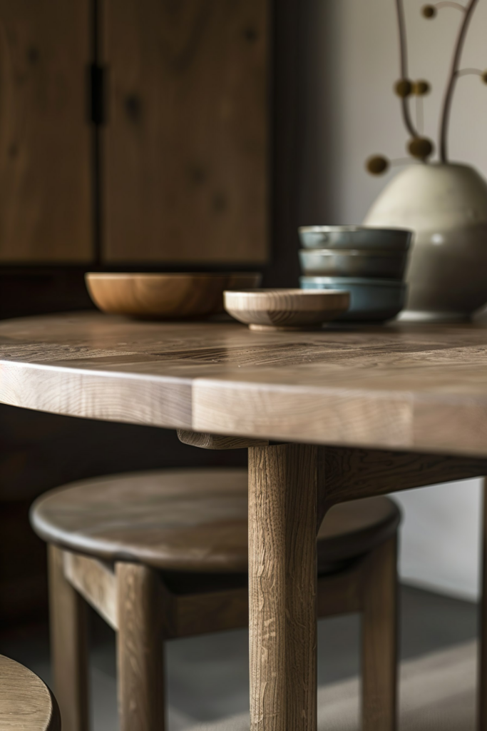 Close-up of a wooden dining table with bowls and a ceramic vase on it, highlighting the wood texture and natural light setting.