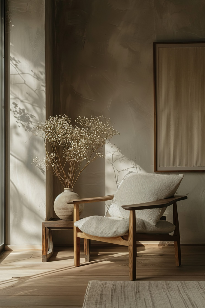 A modern wooden armchair with cushions, beside a vase with white dried flowers on a side table, in a room with soft natural light.