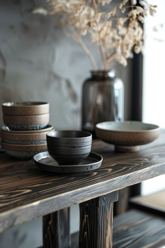 "Assorted ceramic bowls and plates on a wooden table with blurred dried flowers in a vase in the background."