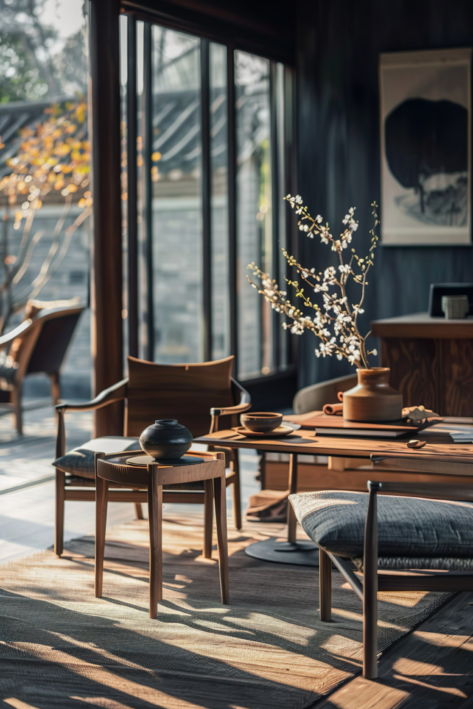 Warm sunlight filters through a modern room filled with wooden furniture and oriental decor, highlighting a vase with delicate blossoms.
