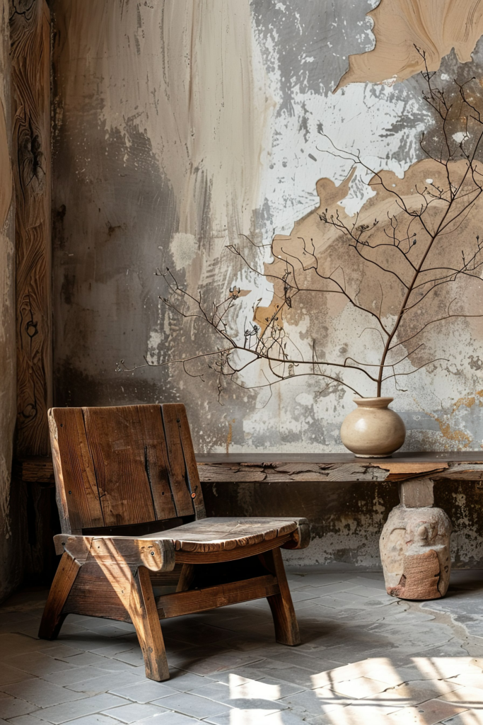ALT Text: "Rustic wooden chair in a sunlit room with peeling walls, beside a table with a vase of dried branches and an old clay pot."