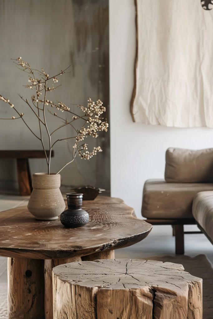Rustic interior with a textured wooden table, ceramic vases, dried plants, and a modern sofa in the background.