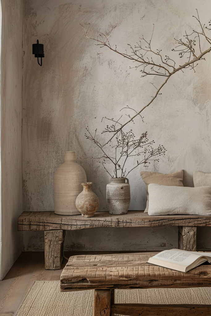 Rustic corner with a weathered wooden bench, pottery vases, dried branches, pillows, and an open book, against a textured wall.