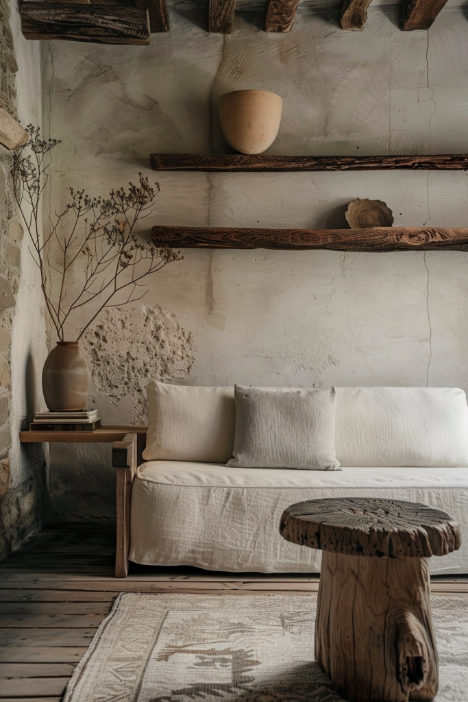 A cozy rustic living room corner with a beige sofa, wooden shelves on the wall, a large vase with dried branches, and a wooden stump table.