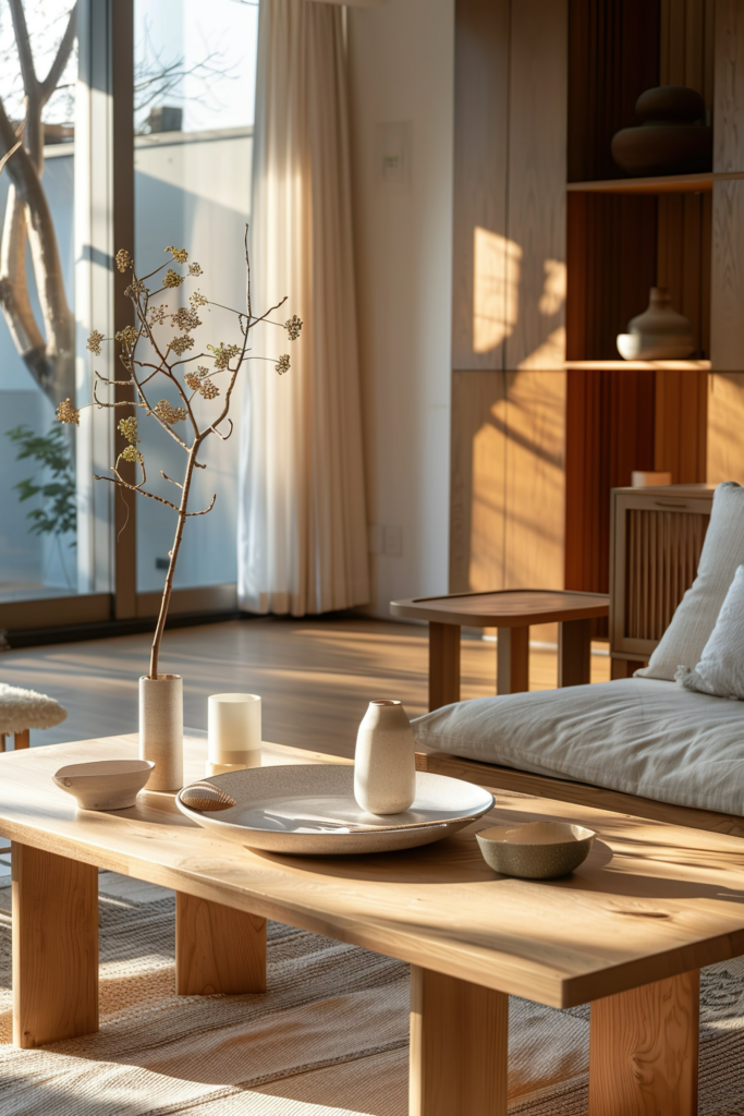 ALT: Sunlit modern living room with minimalist wooden furniture, ceramic decor on a coffee table, and a cozy nook by a window with sheer curtains.