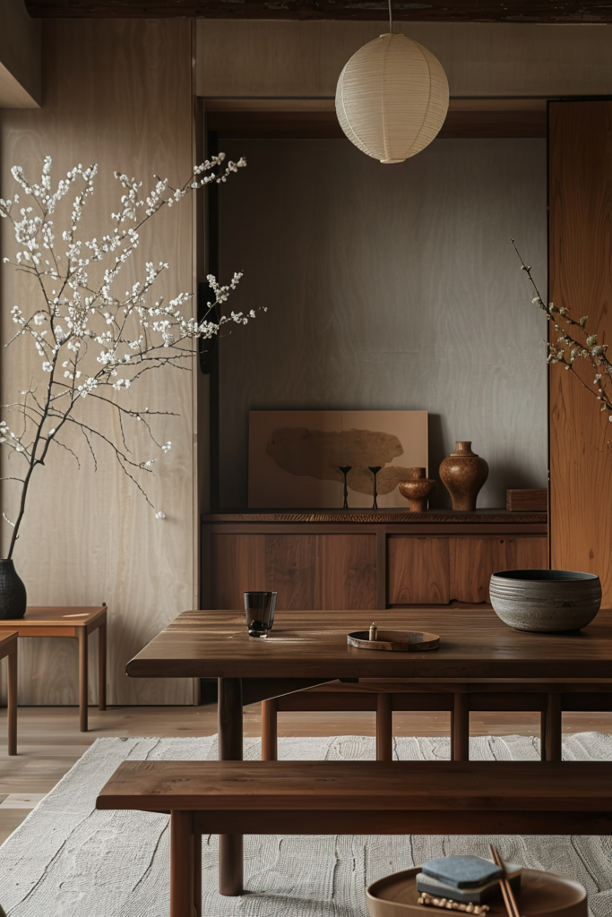 Elegant Japanese-style dining room with wooden furniture, cherry blossoms in vase, and paper lantern.