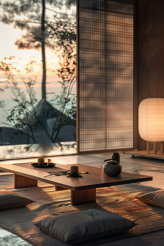 A serene Japanese-style room with tatami mats, a low wooden table set for tea, and a glowing paper lantern, overlooking a tranquil sunset.