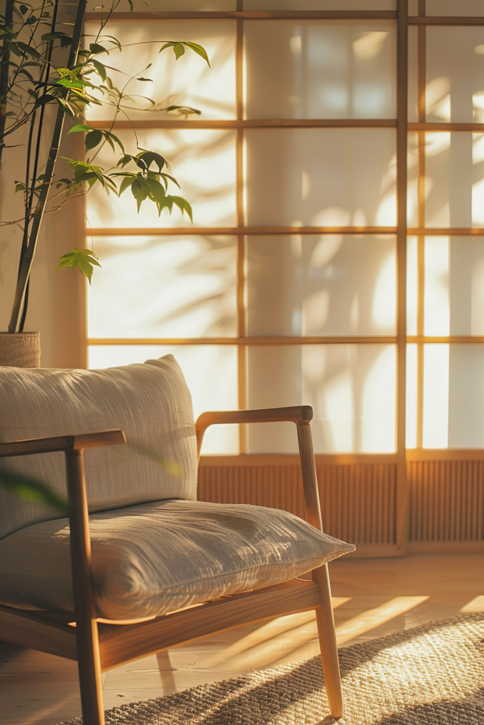 Wooden armchair and plant by a sunny window with translucent blinds casting soft shadows in a serene room.