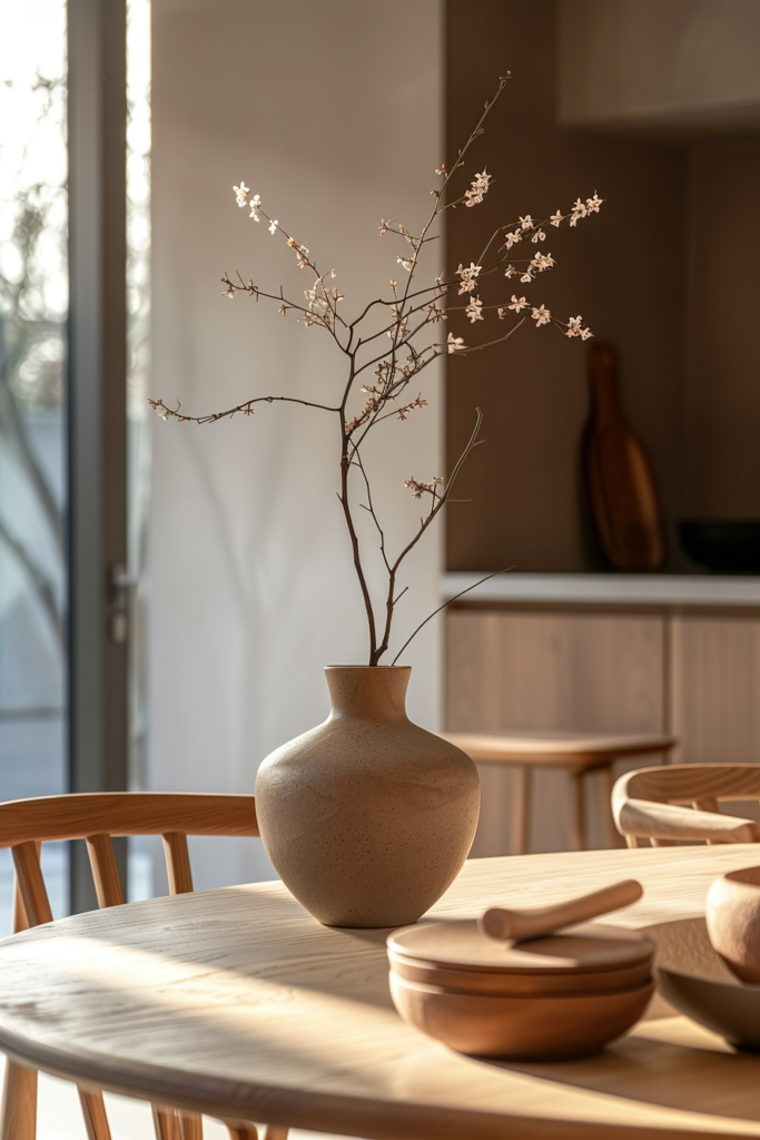 ALT: A ceramic vase with delicate blossoms on a wooden table, bathed in warm sunlight, with soft shadows and a minimalist interior background.