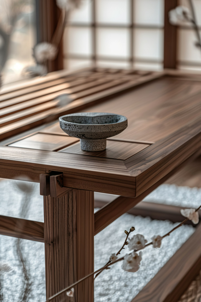 Ceramic bowl on a wooden table with intricate joinery, near a window with soft light filtering in, and a branch with white blossoms in the foreground.