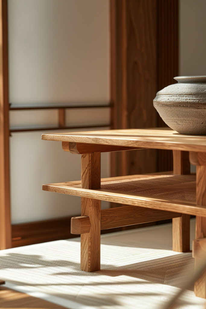 ALT: Close-up of a wooden bench with a textured pottery bowl on top, in a room with soft natural lighting and wood paneling.