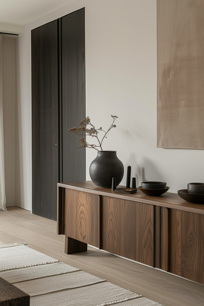 Modern minimalist interior with a wooden sideboard containing a dark vase with dried plants, bowls, and ornaments; against a neutral backdrop.