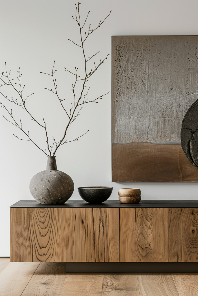 Minimalist interior with a textured artwork, wooden sideboard, and a vase with branches next to decorative bowls.