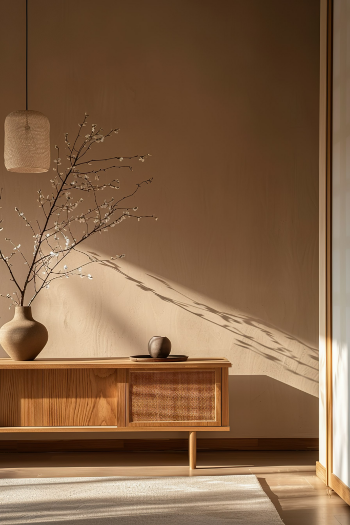 Alt text: A serene interior with sunlight casting shadows on a wall, highlighting a wooden console with a vase of branches and a small bowl.
