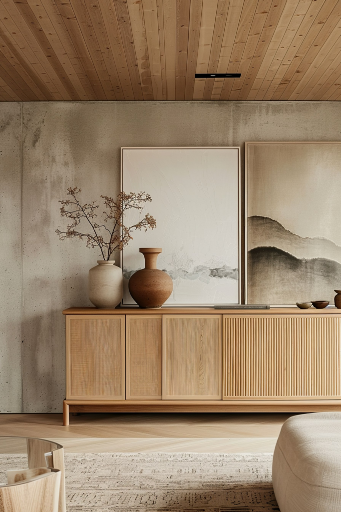 Modern minimalist living room with wooden furniture, textured rug, and neutral-toned art pieces.