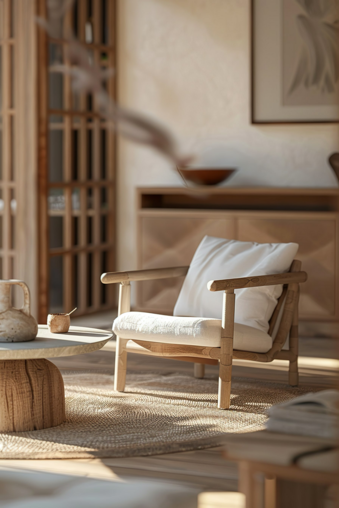 A cozy corner with a wooden armchair, cushion, and small round table bathed in soft sunlight, creating a tranquil and inviting space.