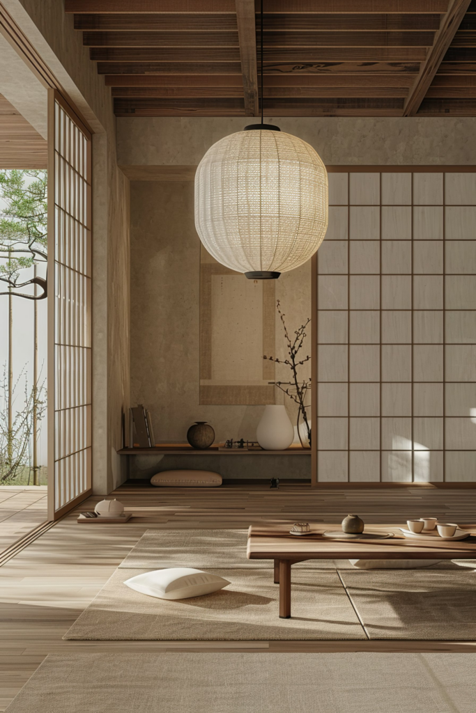A serene traditional Japanese room with tatami floors, shoji screens, a large paper lantern, low table, and minimal decor.