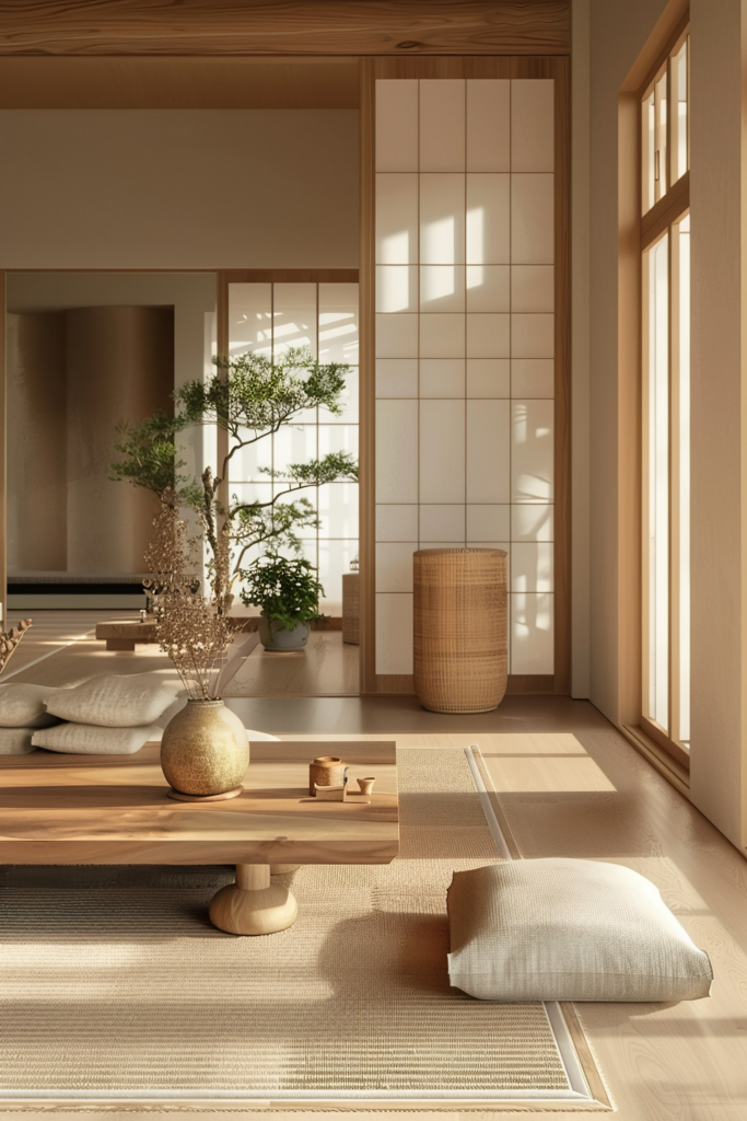 A serene Japanese-style room with tatami mats, low wooden table, floor cushions, and natural light filtering through the windows.