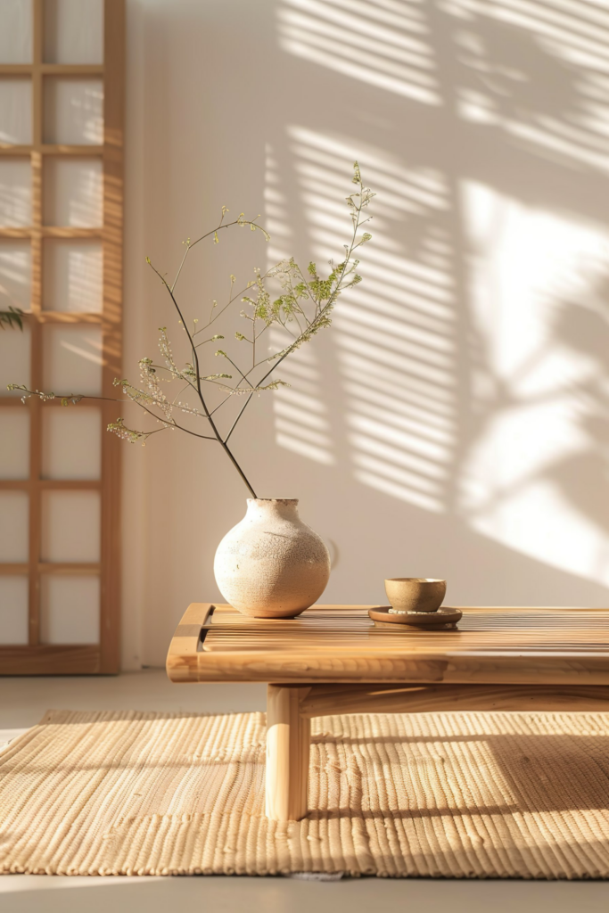 A serene setting with sunlight casting shadows on a simple room featuring a vase with delicate branches on a wooden table, next to a small bowl.