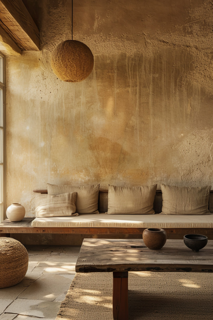 Cozy rustic interior with a built-in bench lined with pillows, a wooden table, pottery, and a woven pendant light.
