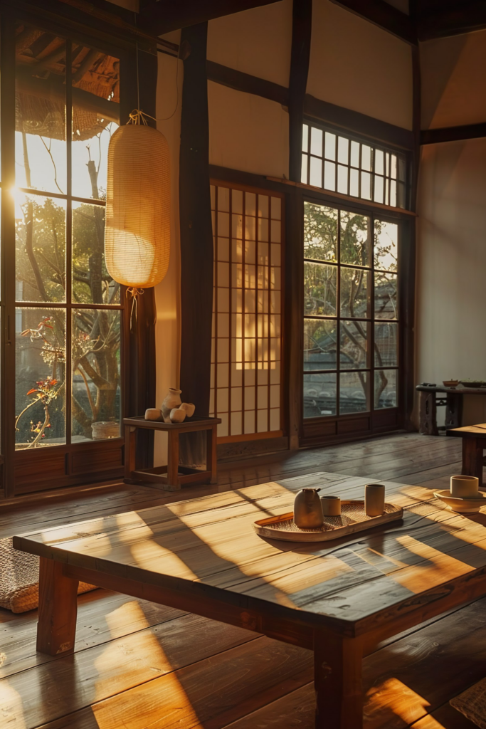 Warm sunlight filters through a traditional Japanese room with tatami mats, shoji doors, and a low wooden table with tea set.