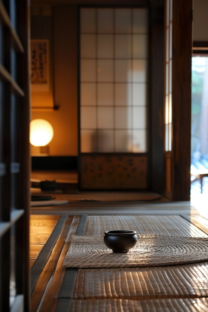 ALT: A cozy Japanese room with tatami flooring, shoji doors, and a warm glowing lamp, featuring a bowl on a woven mat in the foreground.