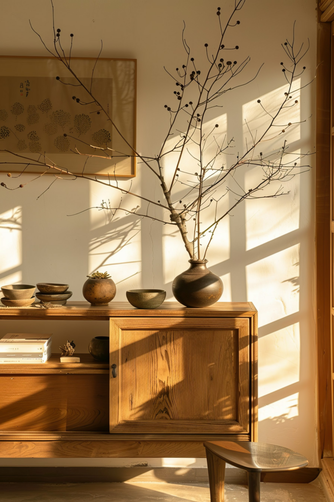 Warm sunlight illuminates a peaceful room with a wooden cabinet, bowls, and a vase with bare branches.