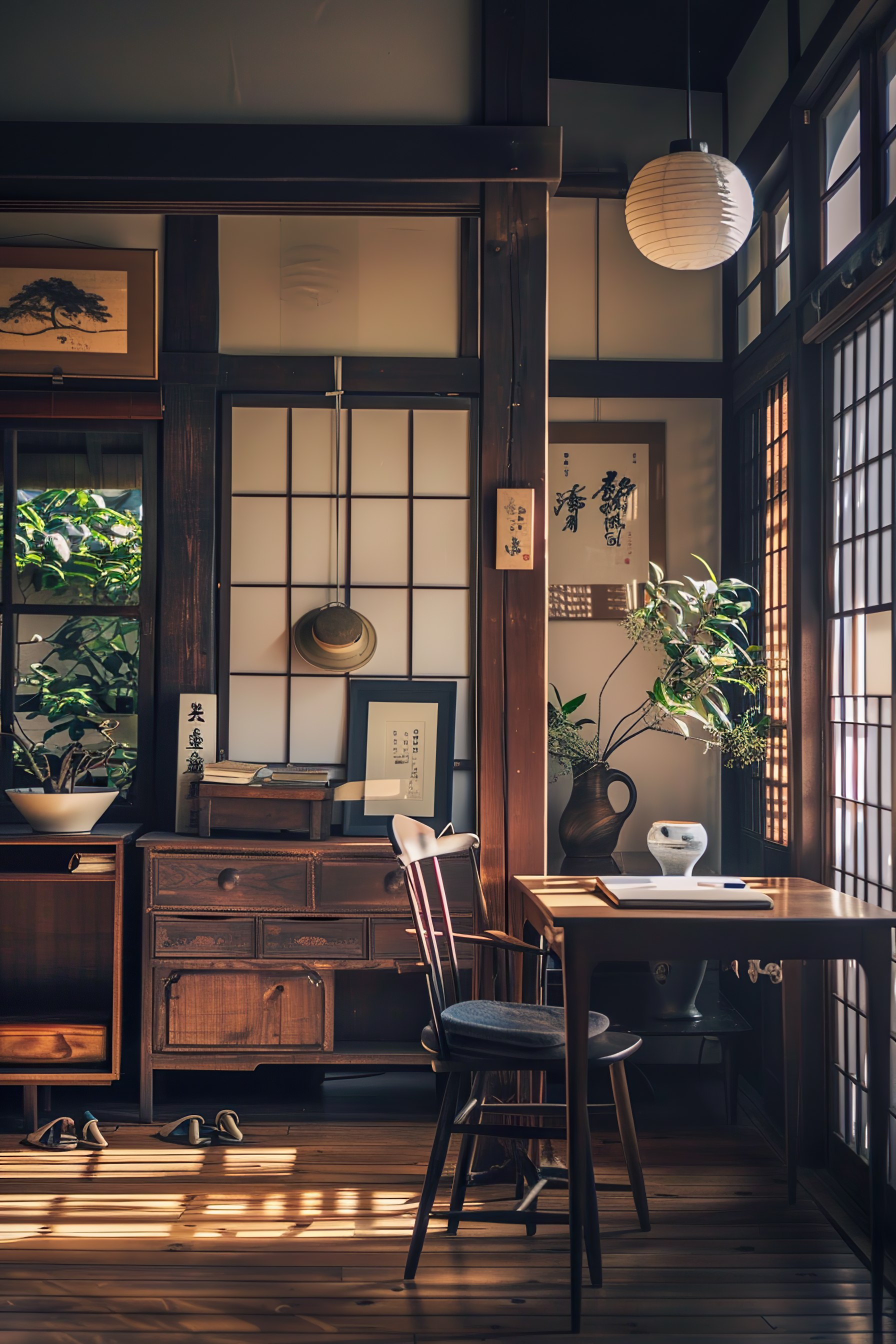 A traditional Japanese style room with wooden furniture, shoji screens, and a hanging paper lantern.