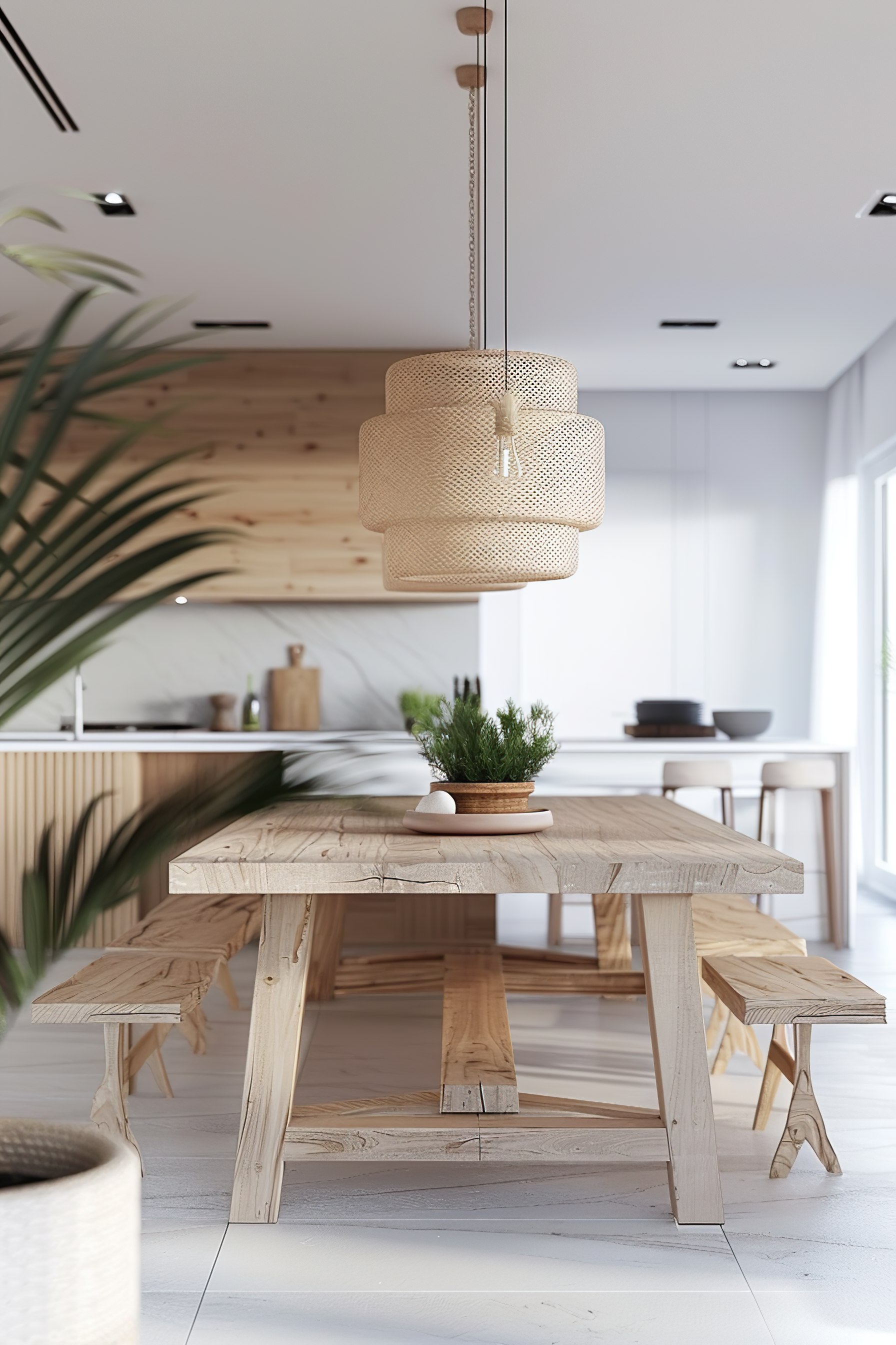 Modern dining room with a wooden table and benches, rattan pendant lights above, and a green plant centerpiece.