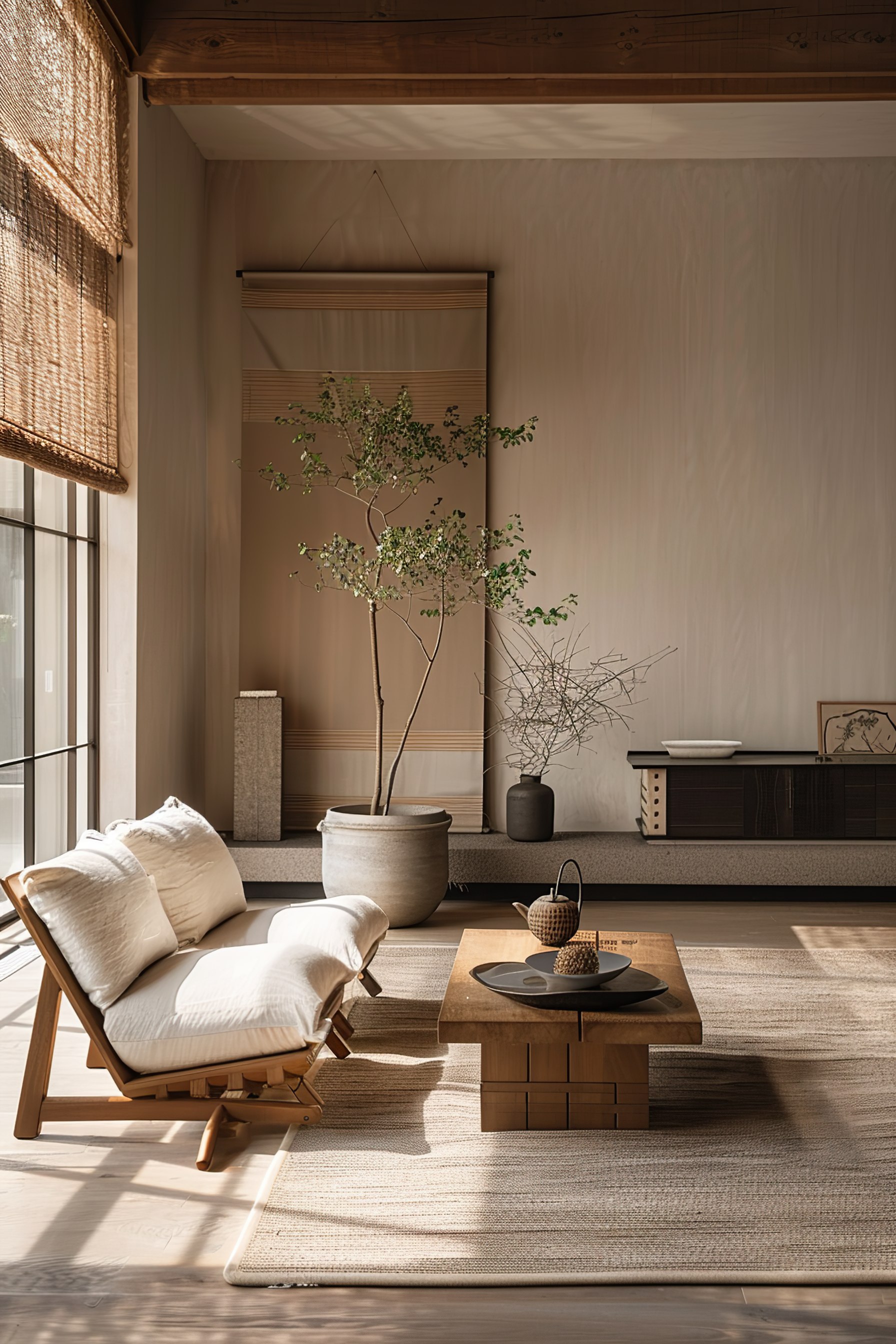ALT: A cozy minimalist living room bathed in natural light, featuring a wood lounge chair, potted plants, and earth-tone decor.