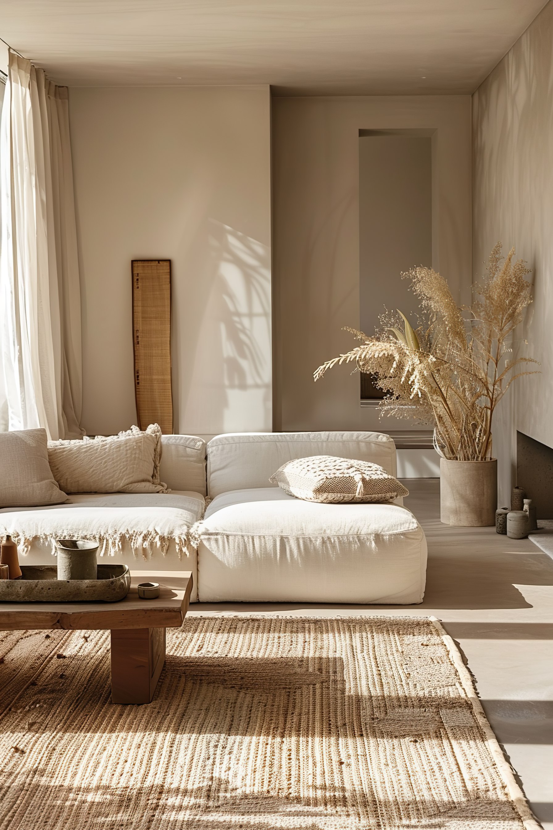 A serene living room bathed in natural light, featuring a neutral color palette and cozy modern furnishings.