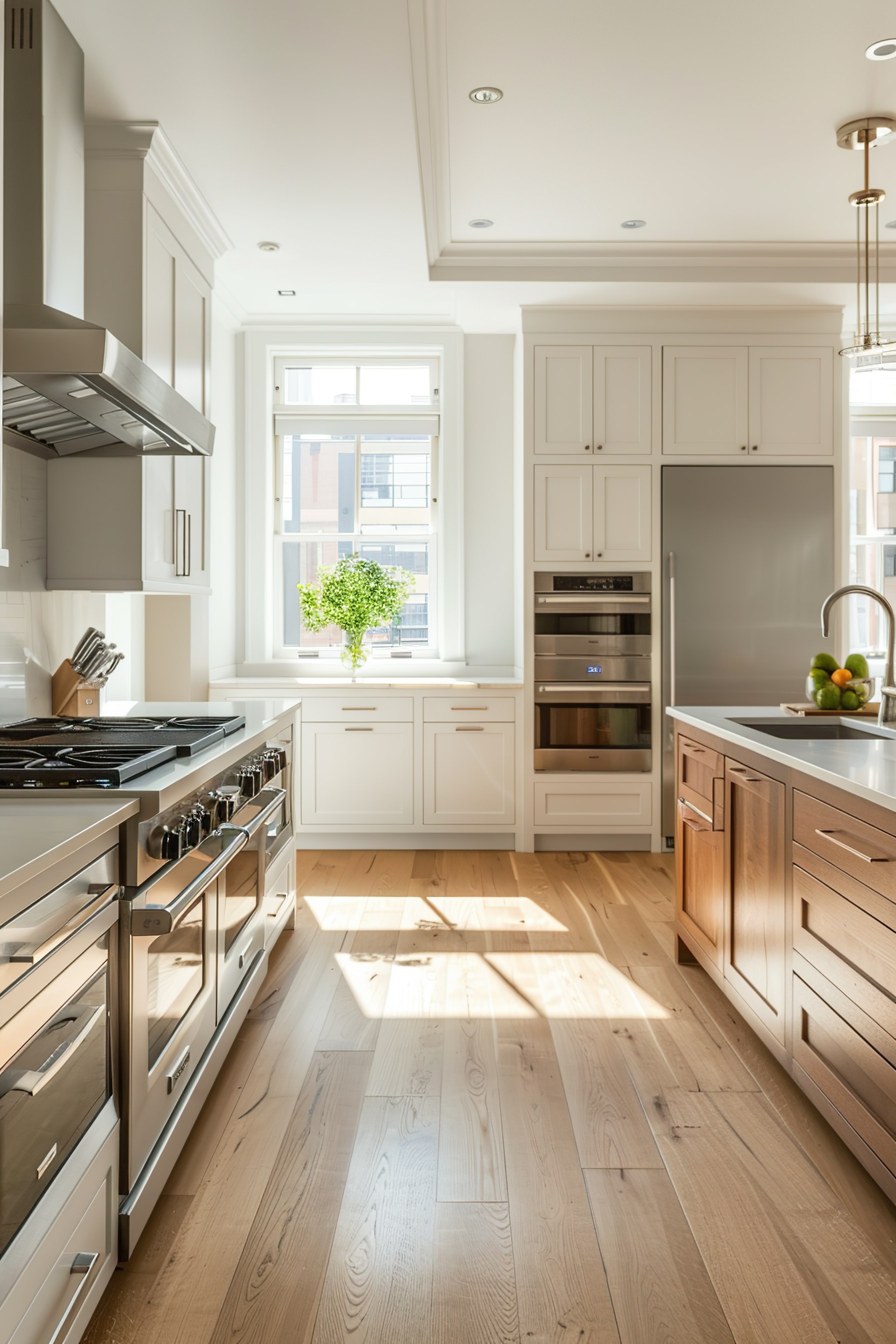 Modern kitchen interior with white cabinets, stainless steel appliances, and hardwood floors bathed in natural sunlight.