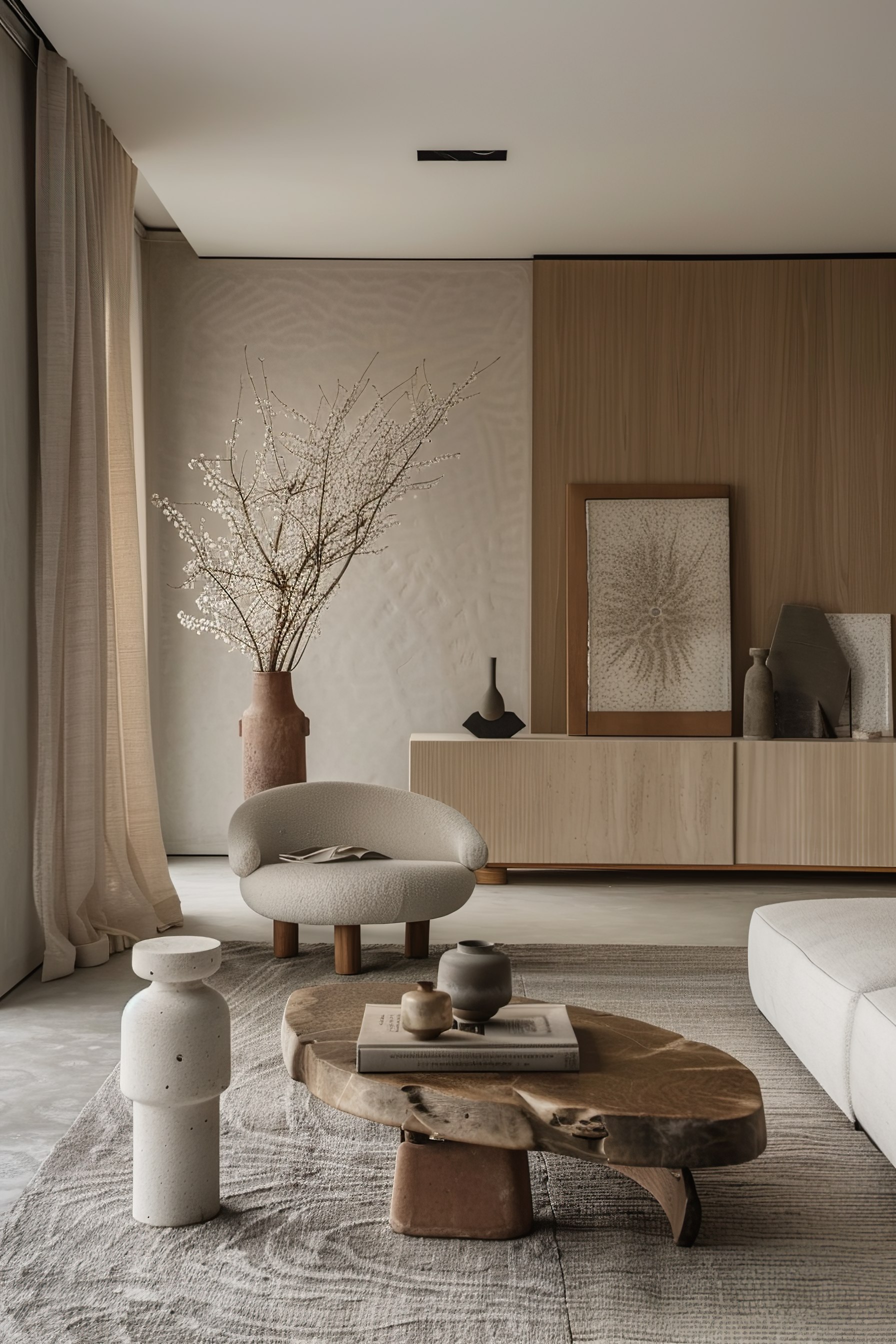 Modern living room with neutral tones, wooden furniture, textured rug, and vase with blossoming branches.