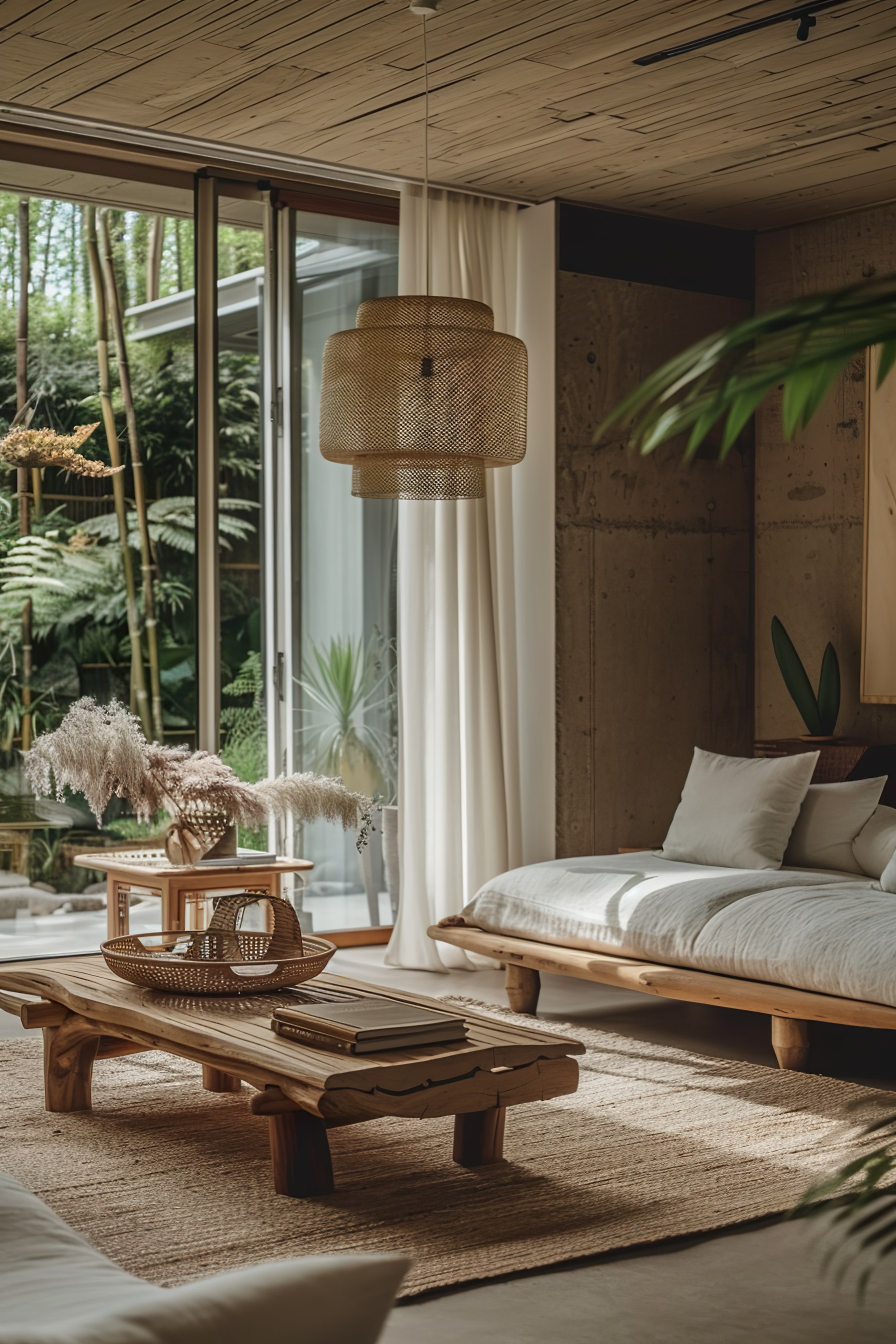 Modern interior with a wooden bed and coffee table, rattan lamp hanging above, next to a glass door overlooking greenery.