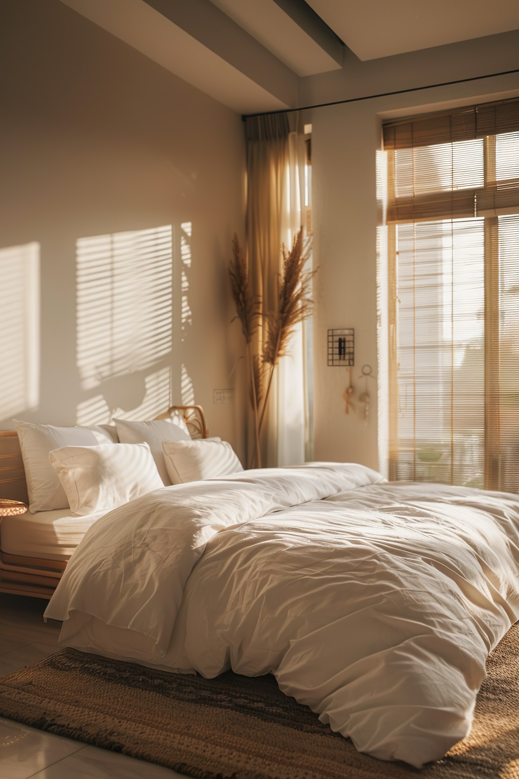 Warm sunlight filters through blinds onto an unmade bed in a cozy bedroom with neutral tones and soft textiles.